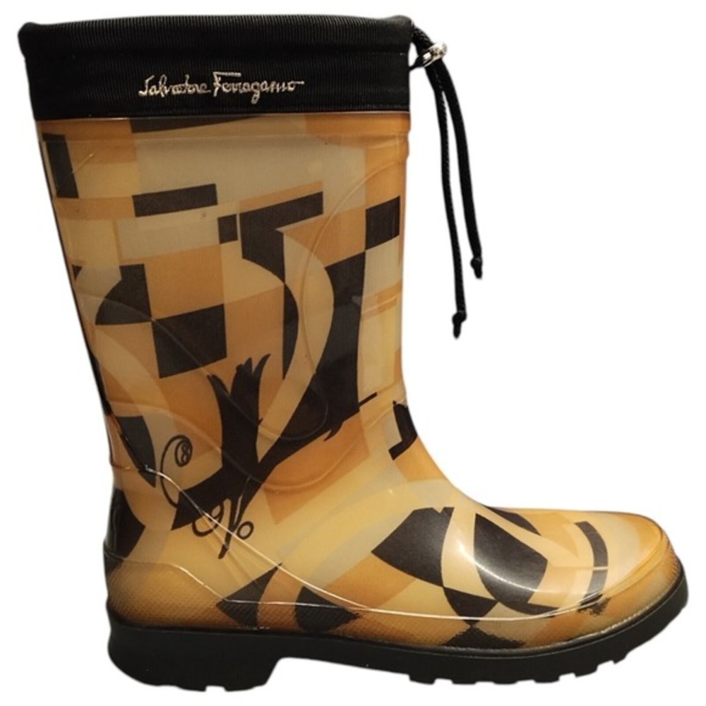 Salvatore Ferragamo Mid-Calf Rain Boots Womens 7 Brown Logo Rubber Sole Pull On